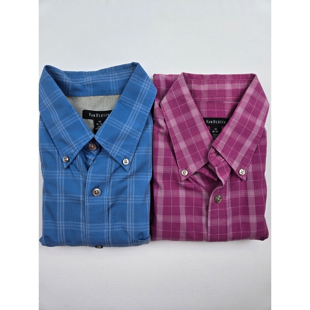 Van Heusen Mens Blue Plaid Short Sleeve Button Down Shirt Size M 15-15.5 50P3821